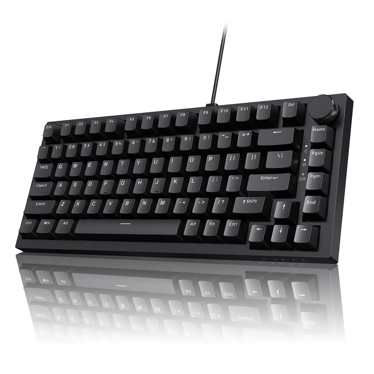 A black 75% mechanical gaming keyboard with hot-swappable red switches shown from above.