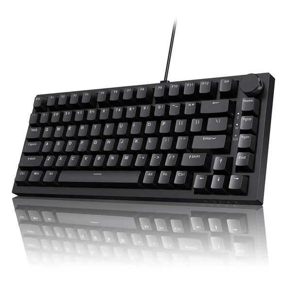 A black 75% mechanical gaming keyboard with hot-swappable red switches shown from above.