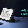 A hand is using a magnetic folio case for an iPad Air displaying a landscape mode view on a dark surface.
