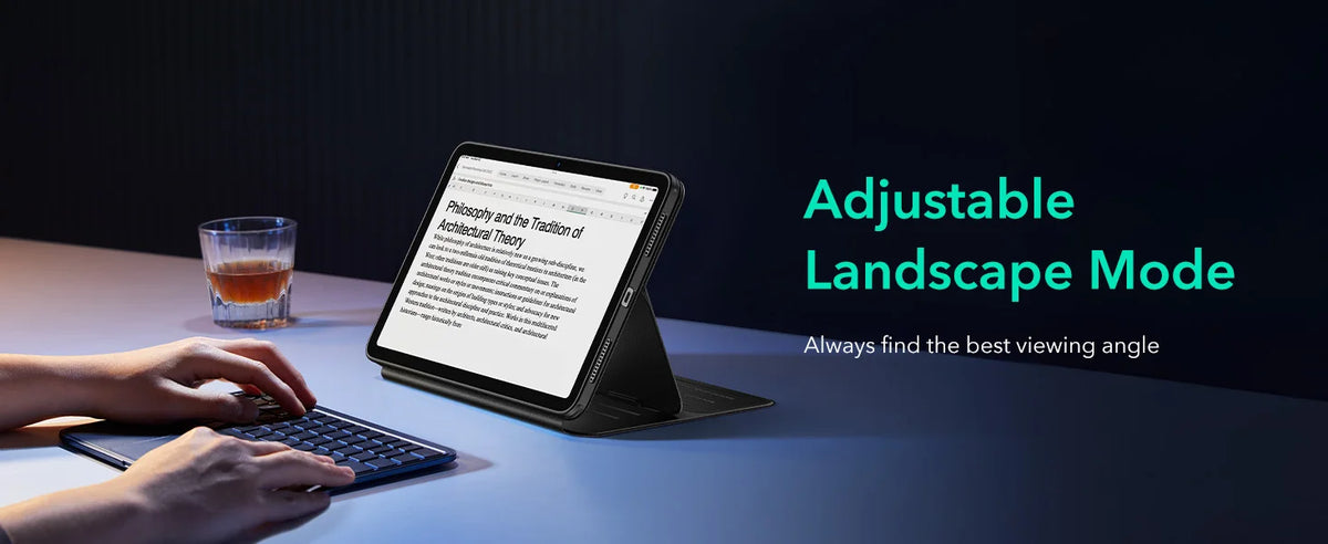 A hand is using a magnetic folio case for an iPad Air displaying a landscape mode view on a dark surface.