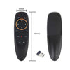 A black wireless gyro air mouse remote with backlit keys and voice control features shown next to its dimensions.