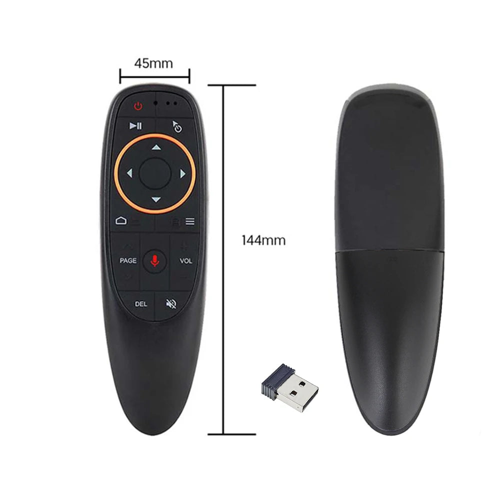 A black wireless gyro air mouse remote with backlit keys and voice control features shown next to its dimensions.