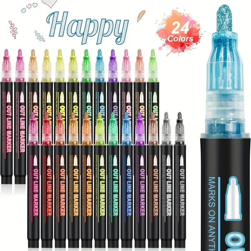 A set of 24 colored double line outline markers in various tips and colors.