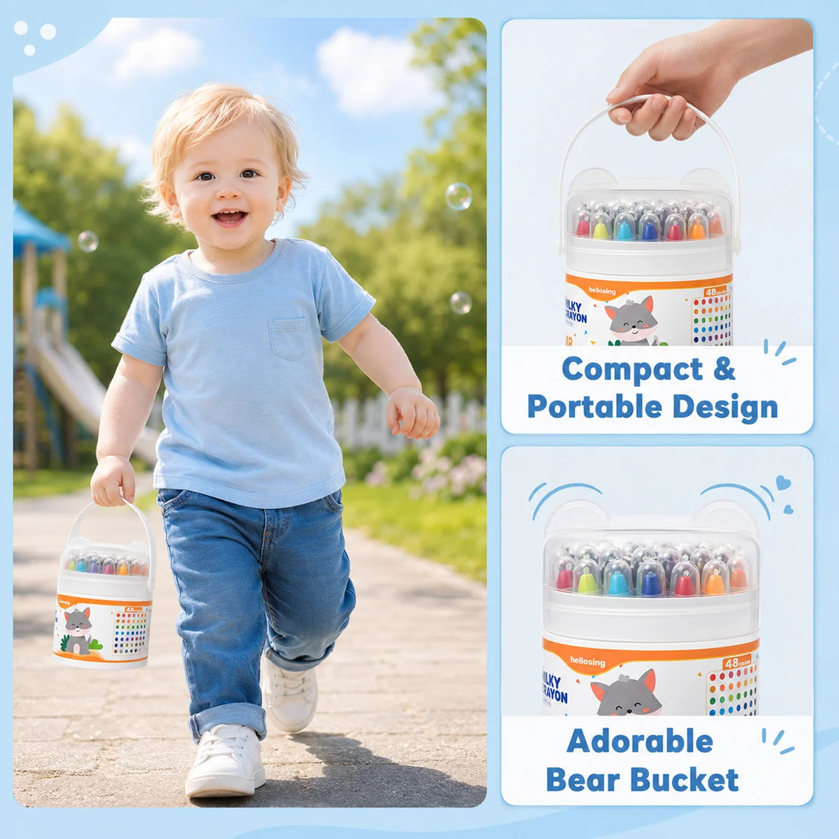 A toddler is holding a compact and portable bear bucket crayon set outdoors.