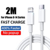 White fast charging cable for iPhone 8-14 series devices featuring a USB-C connector.