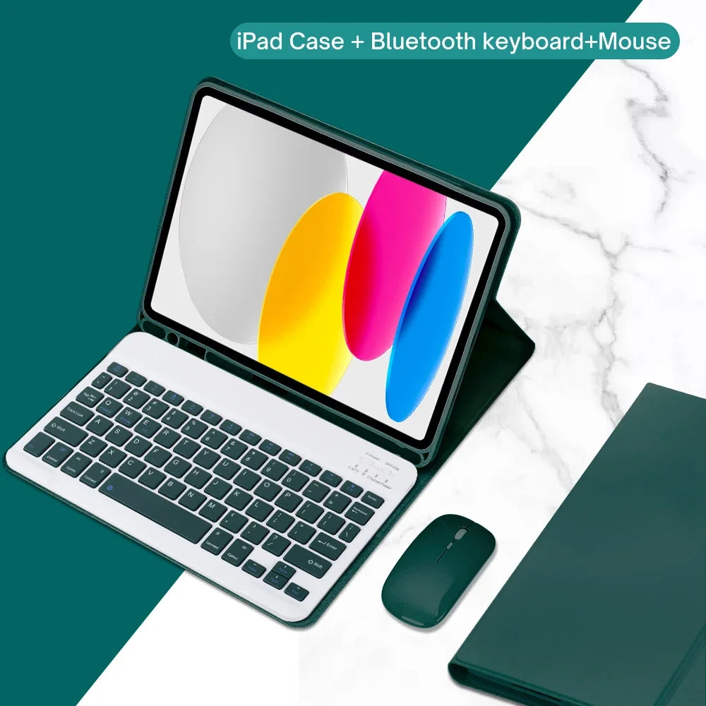 An iPad case with a Bluetooth keyboard and mouse shown on a white marble surface.