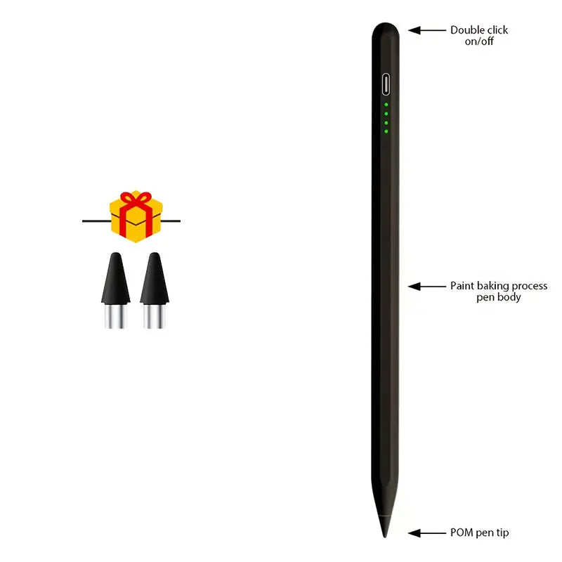 A black precision stylus pen body with a green indicator light and a black tip.