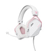 A white and pink Pro USB gaming headset with an over-ear design is shown against a white background.