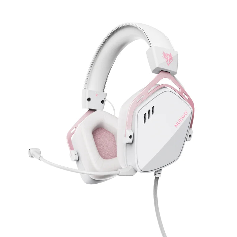 A white and pink Pro USB gaming headset with an over-ear design is shown against a white background.