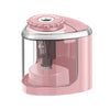 A pink electric pencil sharpener with a clear plastic body and a silver top.