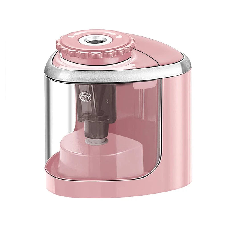 A pink electric pencil sharpener with a clear plastic body and a silver top.