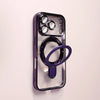 A clear purple magnetic phone case with a built-in stand for an iPhone.