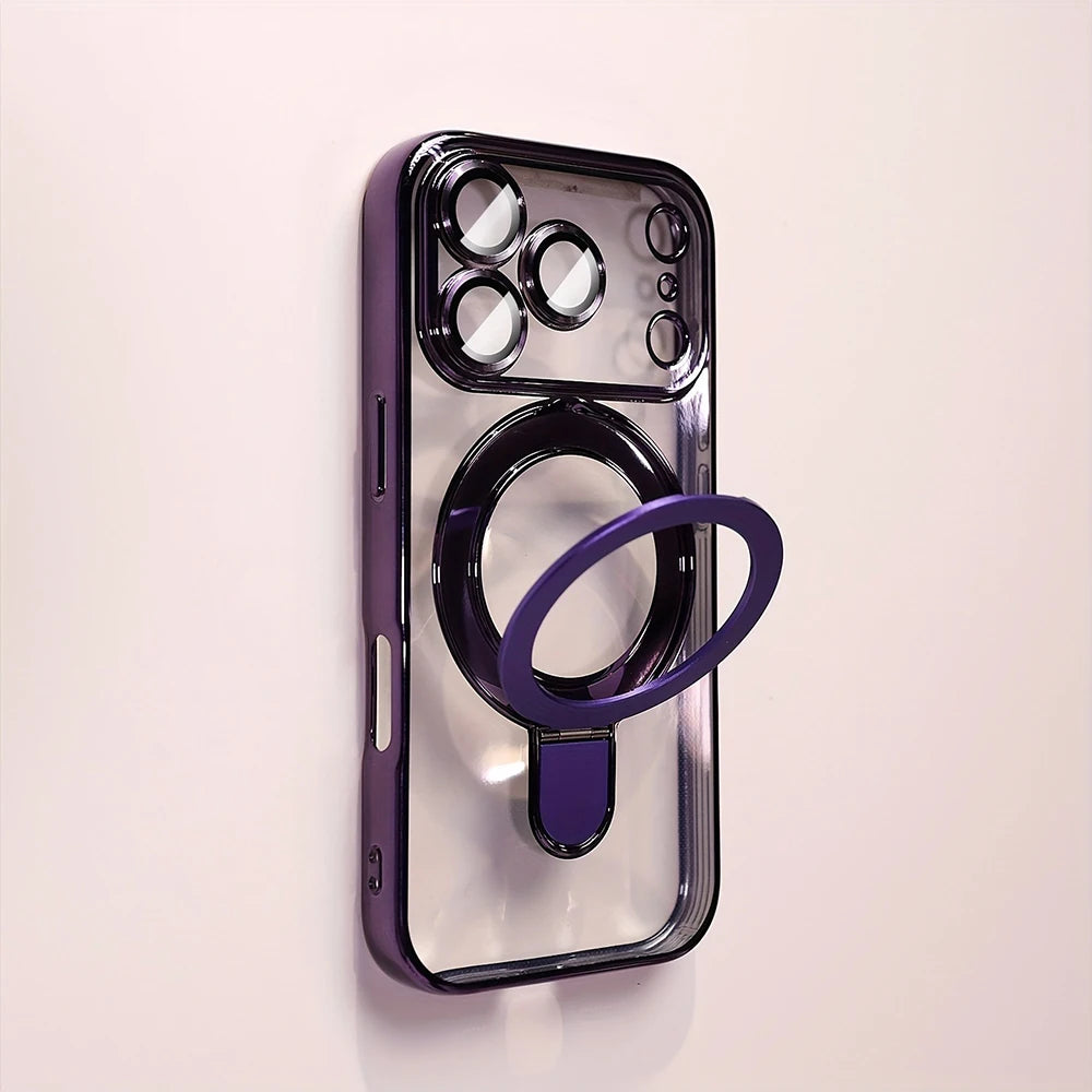 A clear purple magnetic phone case with a built-in stand for an iPhone.