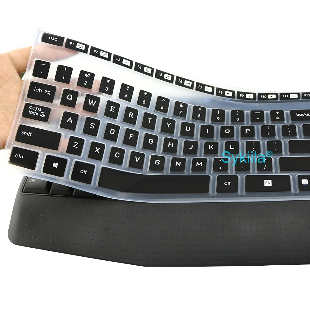 A silicone keyboard cover for a Logitech MK345 keyboard is shown, highlighting the keys and palm rest.