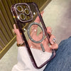 A hand holds a purple glitter diamond magnetic wireless phone case featuring multiple circular clear diamond accents.