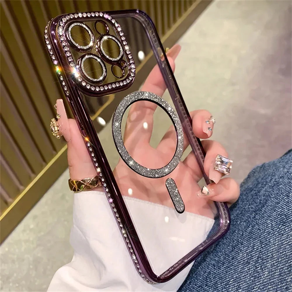 A hand holds a purple glitter diamond magnetic wireless phone case featuring multiple circular clear diamond accents.