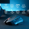A blue Redragon wireless gaming mouse is shown with various features highlighted on a dark surface.