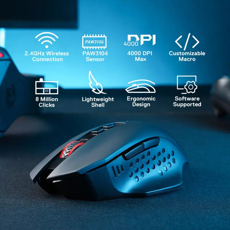 A blue Redragon wireless gaming mouse is shown with various features highlighted on a dark surface.