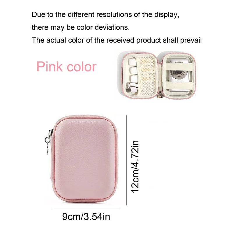 Pink leather storage pouch organizer shown in a closed and open view with dimensions 9cm/3.54in by 12cm/4.72in