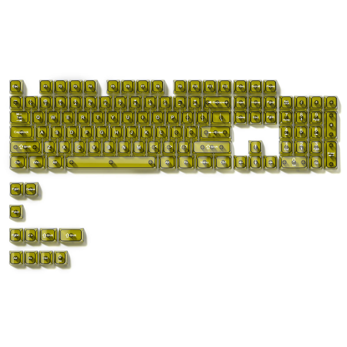 A full set of crystal clear RGB keycaps for a mechanical keyboard, arranged in a rectangular block and a separate L-shaped se