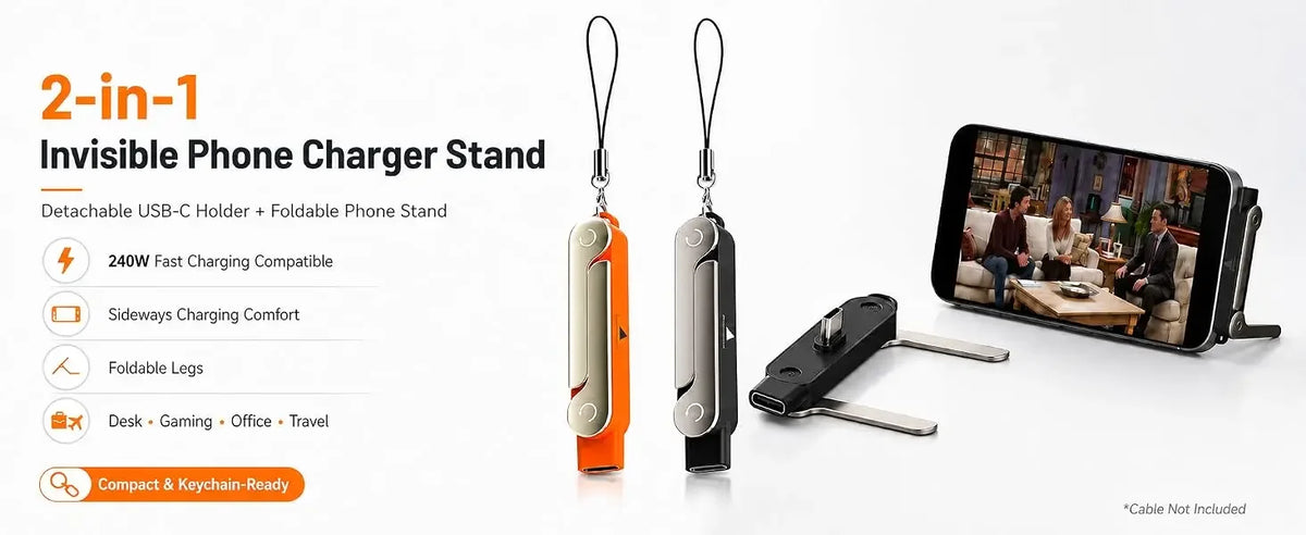 An orange and silver 2-in-1 invisible phone charger stand with foldable legs and a detachable USB-C holder.