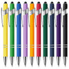 A row of black and colored metal stylus pens with ballpoint ink shown vertically.