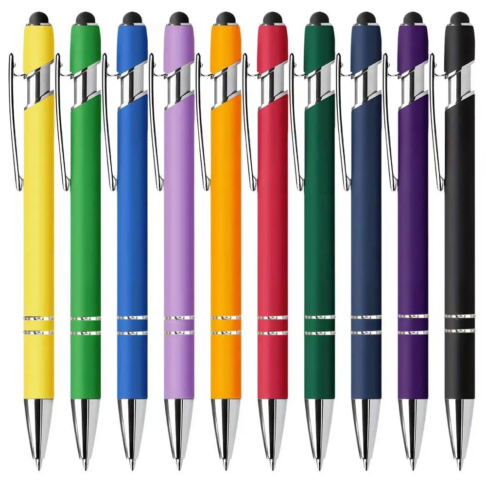 A row of black and colored metal stylus pens with ballpoint ink shown vertically.