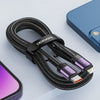 A black fast charging cable is shown next to an iPhone and a smartphone, demonstrating compatibility for PD fast charging.