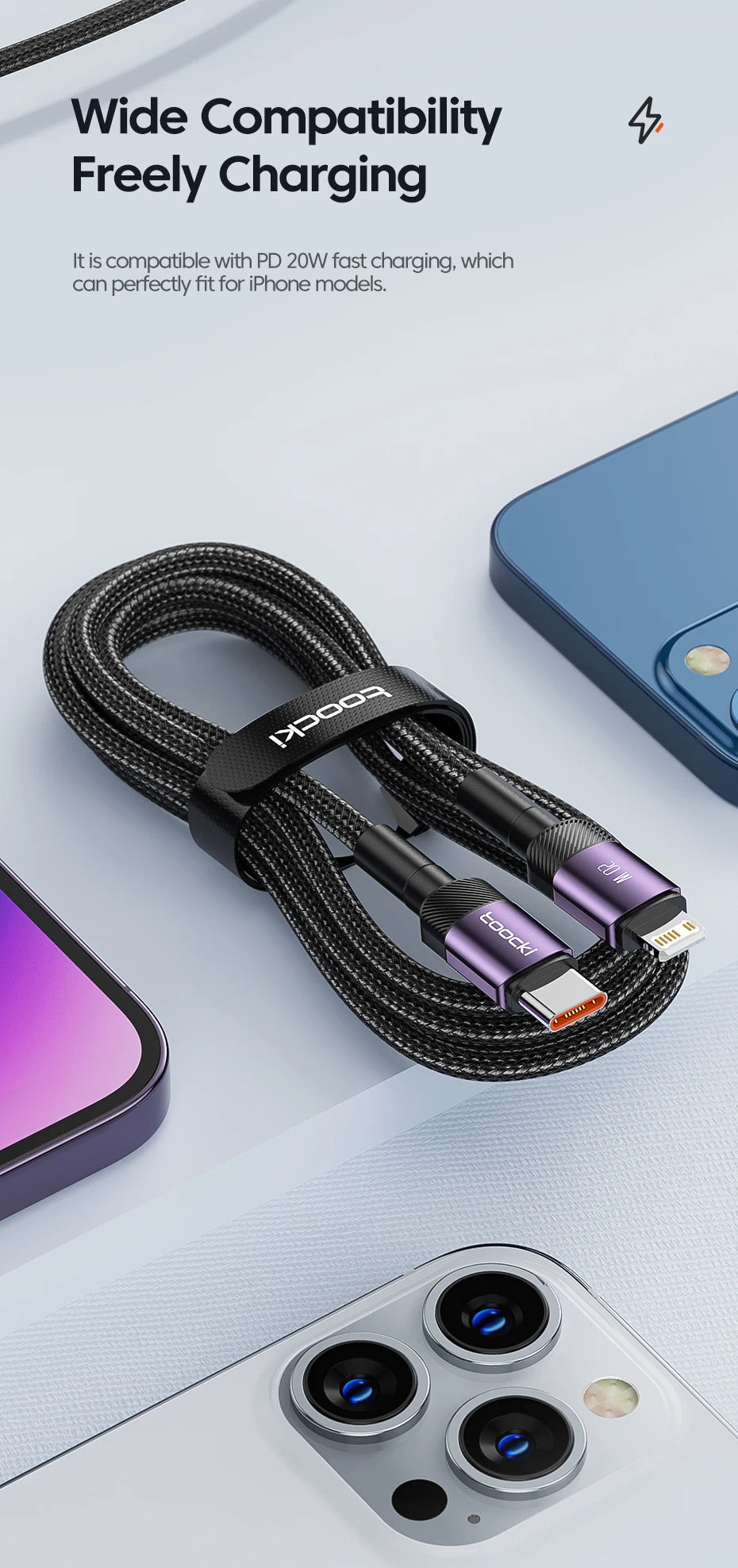 A black fast charging cable is shown next to an iPhone and a smartphone, demonstrating compatibility for PD fast charging.