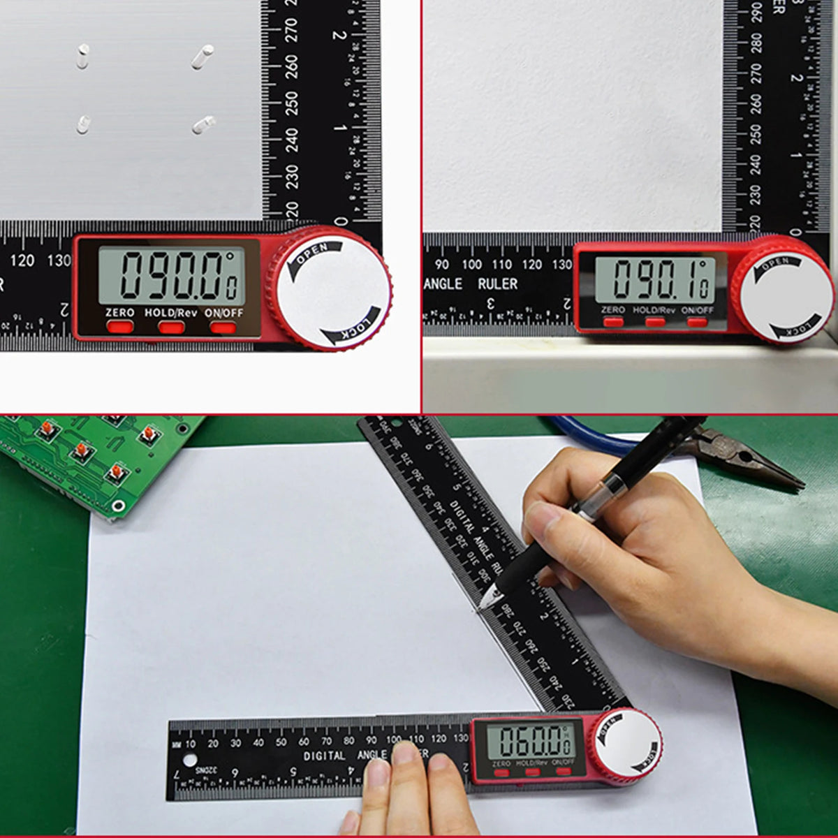 A hand uses a digital angle finder ruler to measure an angle on a white surface.