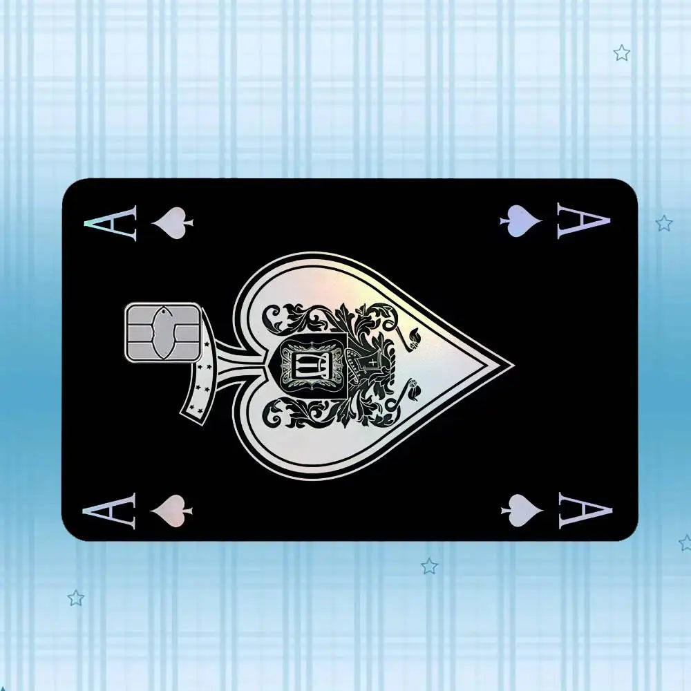 A black card featuring a holographic laser design and various symbols on a light blue striped background.