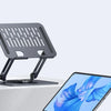 A gray aluminum tablet stand with a slotted design is shown next to a tablet device.