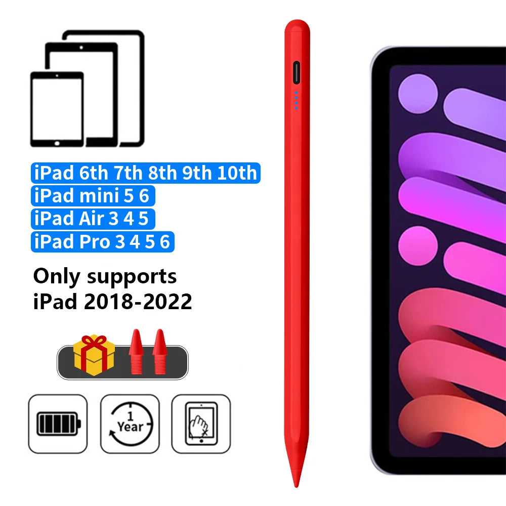 A red precision stylus pen with an LED indicator shown next to various iPad models.