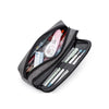 A gray aesthetic Oxford pencil pouch filled with various writing tools and supplies.
