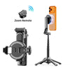 Schwarzer magnetischer Selfie-Stick mit Zoom-Fernbedienung und orangefarbenem Smartphone auf einem Stativ.