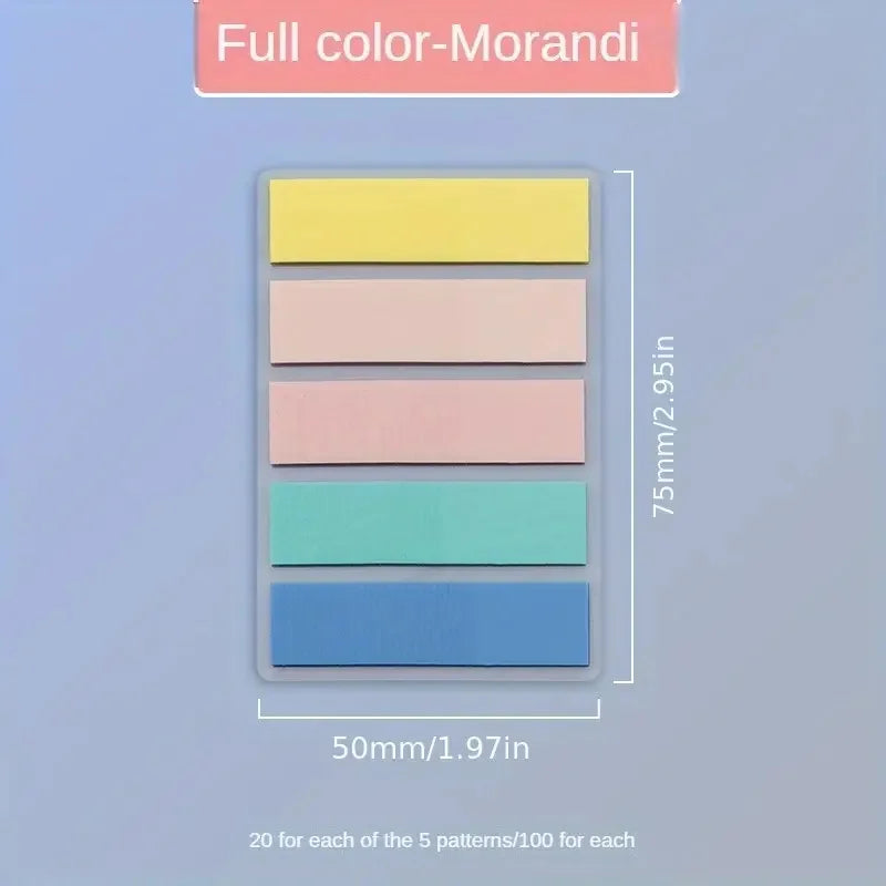 A set of five colored fluorescent PET sticky notes with index tabs in yellow, pink, mint green, and blue.