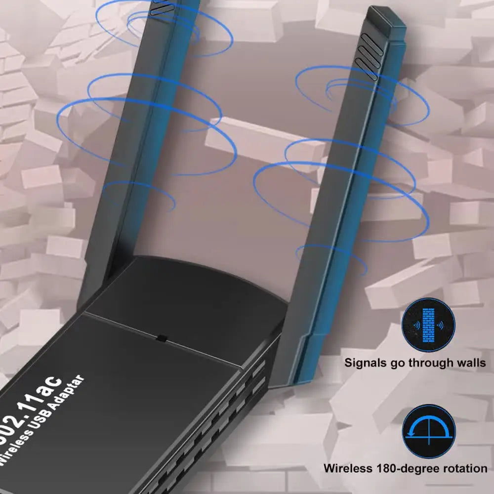 محول USB أسود يُظهر خطوطاً زرقاء تشير إلى الإشارات عبر الجدران وقدرة على دوران 180 درجة.
