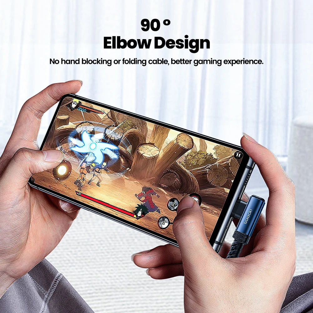 Hands hold a tablet displaying a game, demonstrating the 90 degree elbow design of a 60W USB-C fast charging cable.