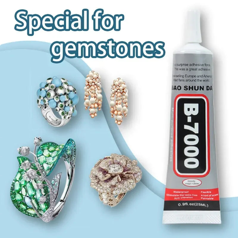 A collection of gemstone jewelry pieces and a bottle of B-7000 adhesive glue for gemstones.