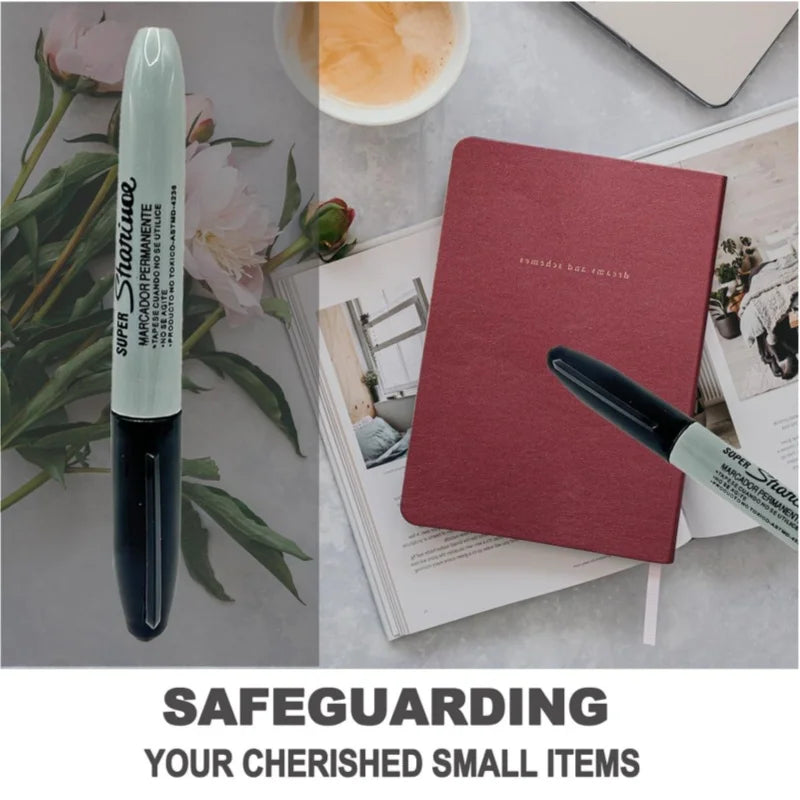 A green marker pen is shown next to a red notebook, illustrating safeguarding small items.