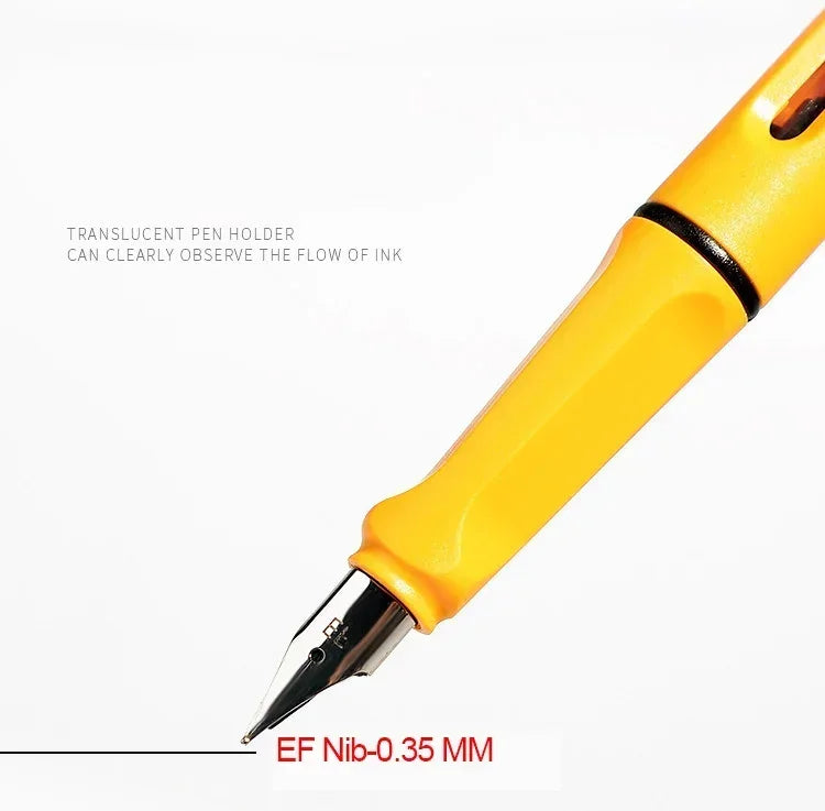 A yellow translucent pen holder with an EF Nib 0.35 mm is shown, demonstrating the flow of ink.
