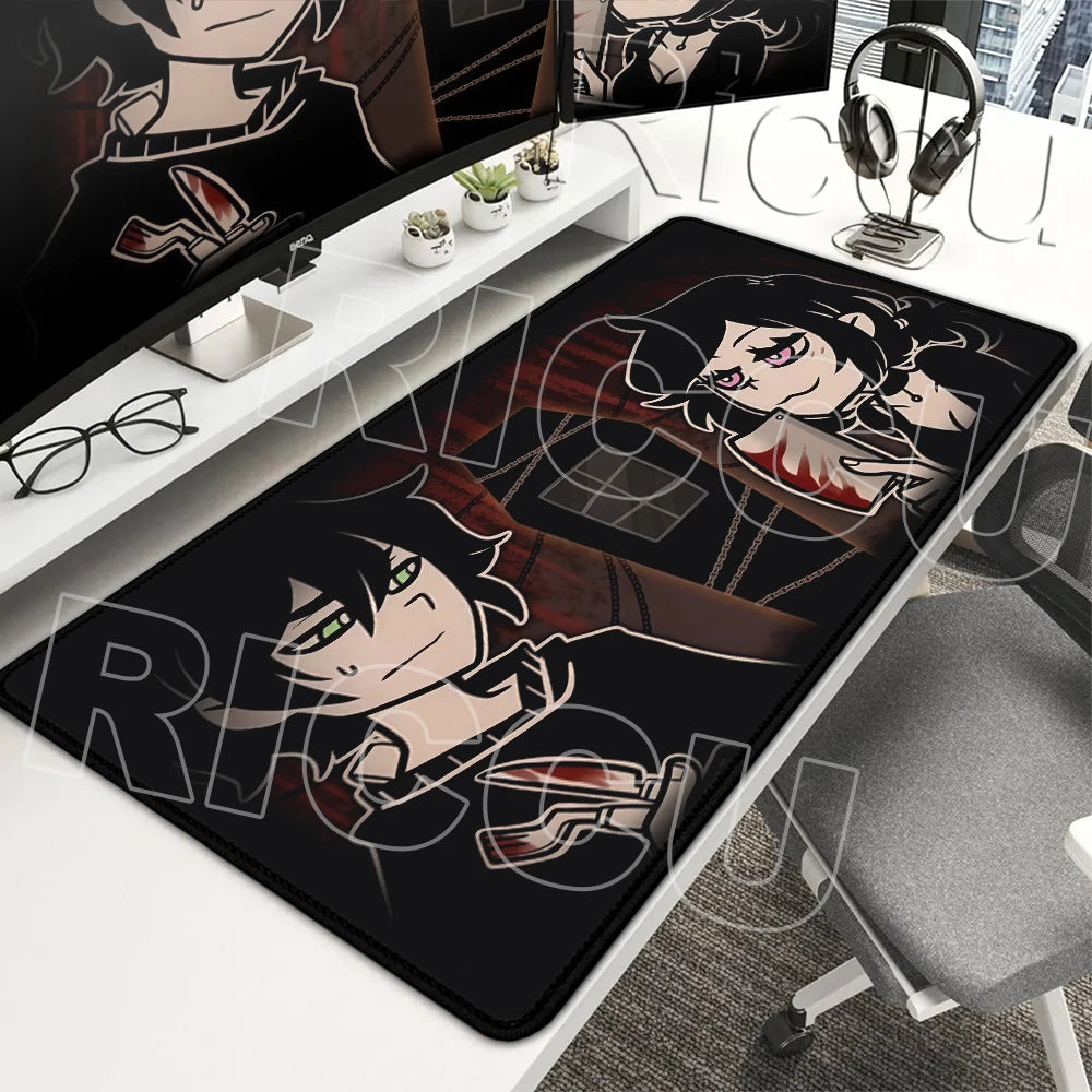 A black gaming mouse pad featuring artwork of characters from The Coffin of Andy and Leyley