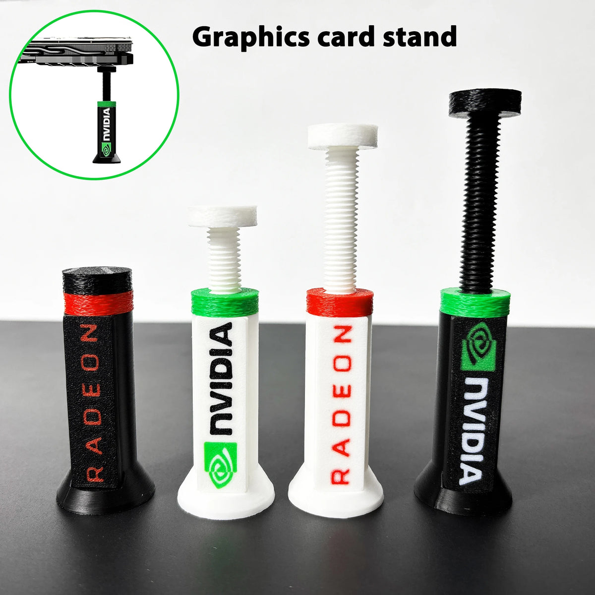 Three adjustable graphics card stands featuring NVIDIA and Radeon branding for GPU support.