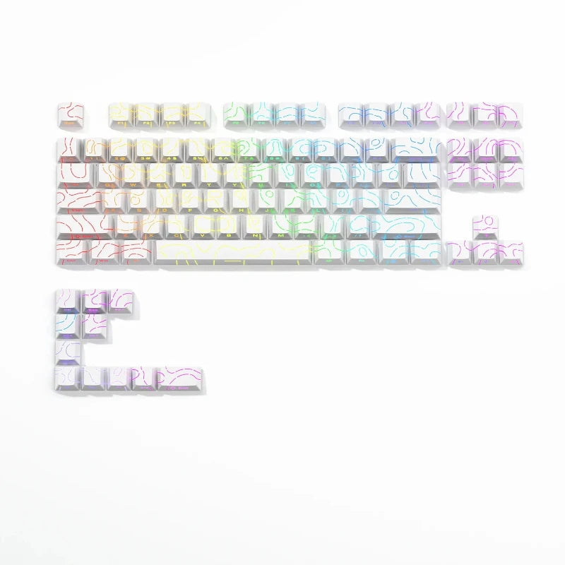 A set of PBT keycaps featuring topographic legends in various colors and shapes.