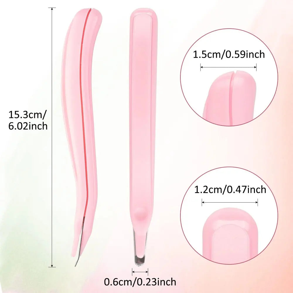 Pink magnetic staple removers shown with dimensions and usage examples.