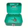 A teal steel cash box with a removable tray and a key lock visible inside the open lid.