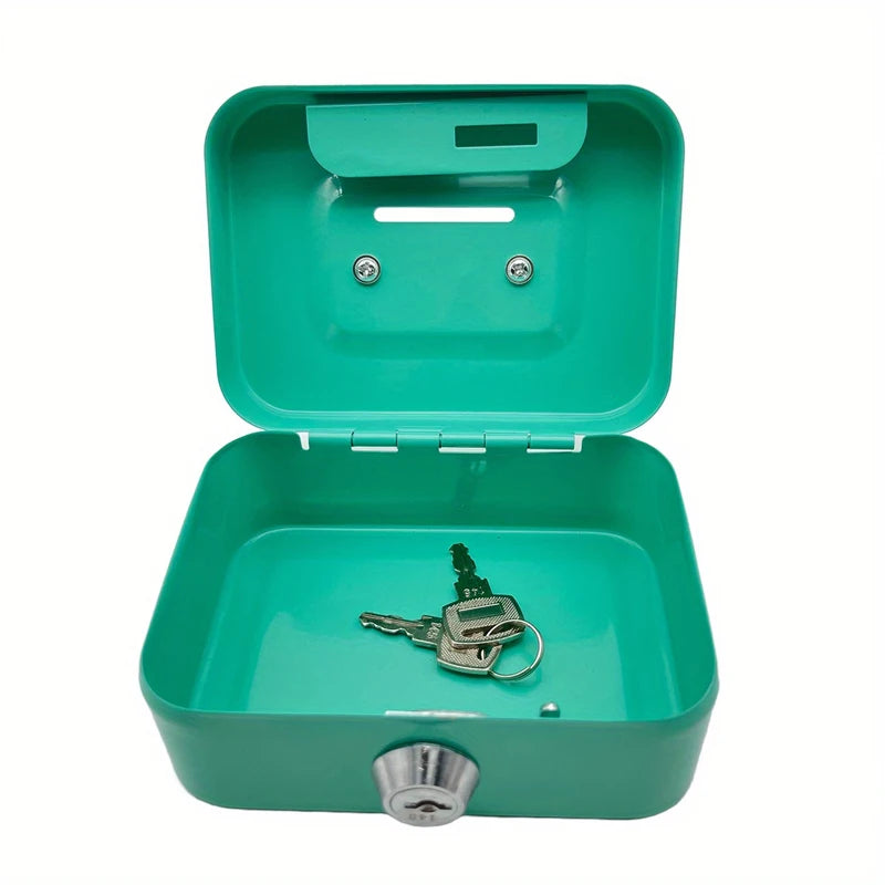 A teal steel cash box with a removable tray and a key lock visible inside the open lid.
