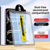 A clear plastic screen protector for an iPad is shown with a dust-free second post compartment and automatic positioning feat