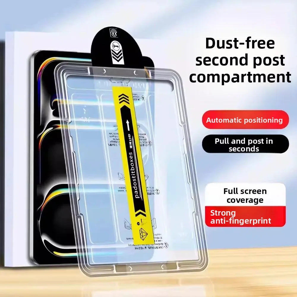 A clear plastic screen protector for an iPad is shown with a dust-free second post compartment and automatic positioning feat
