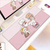 Pink cartoon illustration desk mat featuring cute bear and rabbit characters for gaming